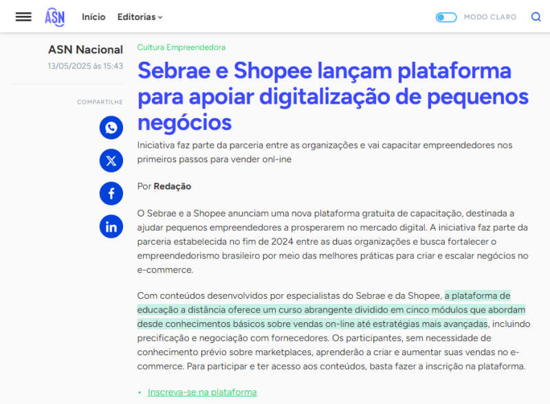 Shopee与Sebrae合作推出免费电商培训项目