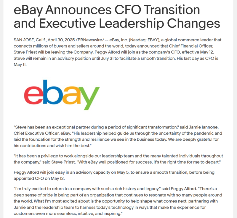 eBay宣布高管团队调整 CFO和CPO换届离职