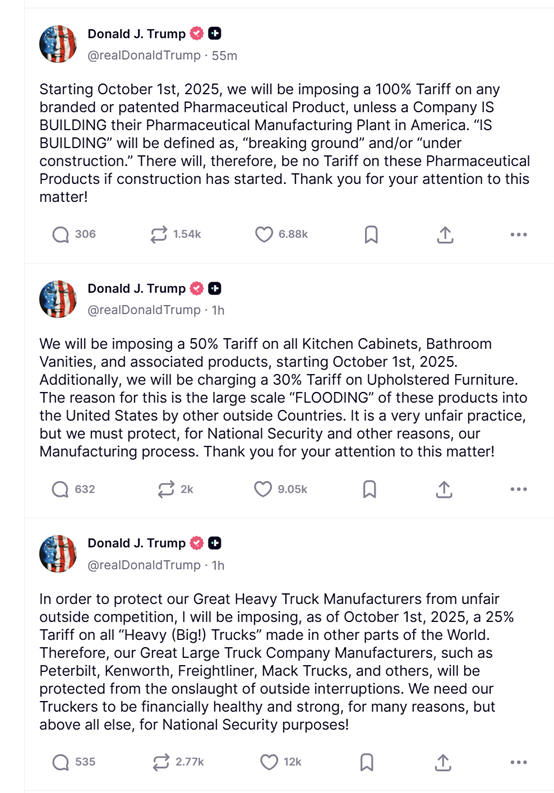 剛剛!特朗普宣布將對進口建材、家具及藥品實施最高100%關稅!10月1日起生效! 剛剛!特朗普宣布將對進口建材、家具及藥品實施最高100%關稅!10月1日起生效!