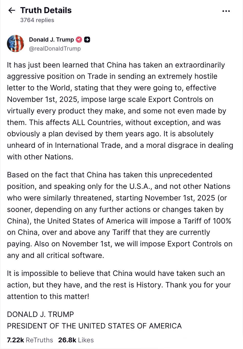 突发!特朗普宣称11月1日起,对华加征100%关税,覆盖所有商品! 突发!特朗普宣称11月1日起,对华加征100%关税,覆盖所有商品!